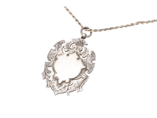 Sterling Silver Rope Chain With A Lovely Antique Chased Armorial Pendant