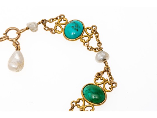 14k Yellow Gold Pretty Cabachon Howlite And Culture Freshwater Pearl Bracelet