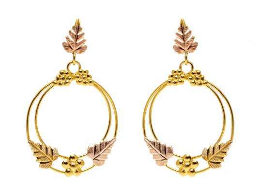 14K Wire Hoop Pendant Earrings With Leaf And Floral Accents