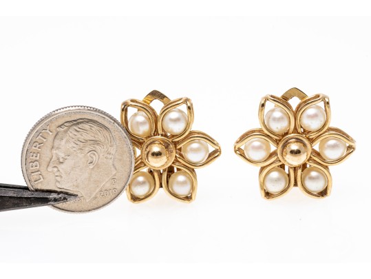 14K And Pearl Floral Clip Earrings