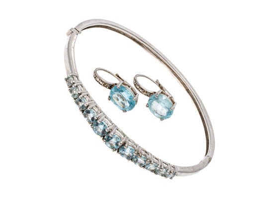 Sterling Silver Lovely Graduated Pale Blue Topaz Bangle Bracelet And Compatible Earrings