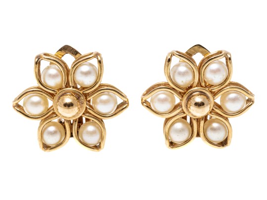 14K And Pearl Floral Clip Earrings
