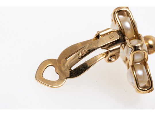 14K And Pearl Floral Clip Earrings