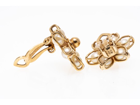 14K And Pearl Floral Clip Earrings