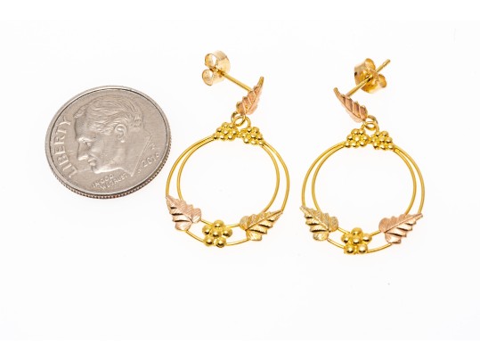 14K Wire Hoop Pendant Earrings With Leaf And Floral Accents