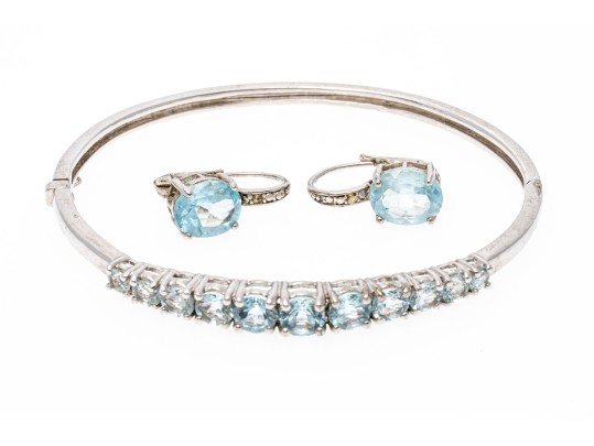 Sterling Silver Lovely Graduated Pale Blue Topaz Bangle Bracelet And Compatible Earrings