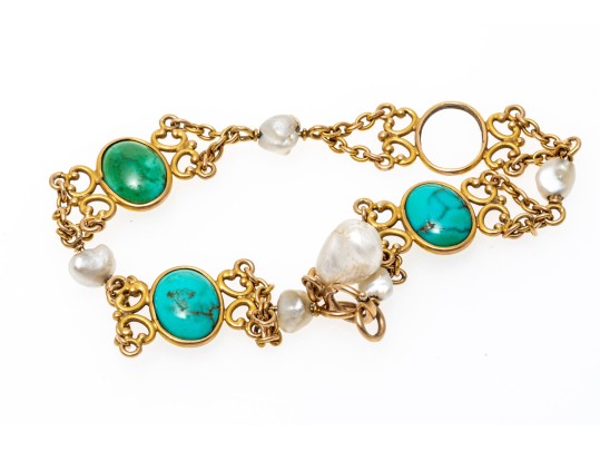 14k Yellow Gold Pretty Cabachon Howlite And Culture Freshwater Pearl Bracelet