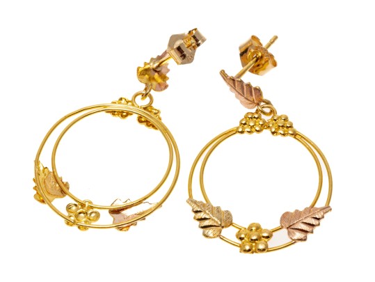 14K Wire Hoop Pendant Earrings With Leaf And Floral Accents