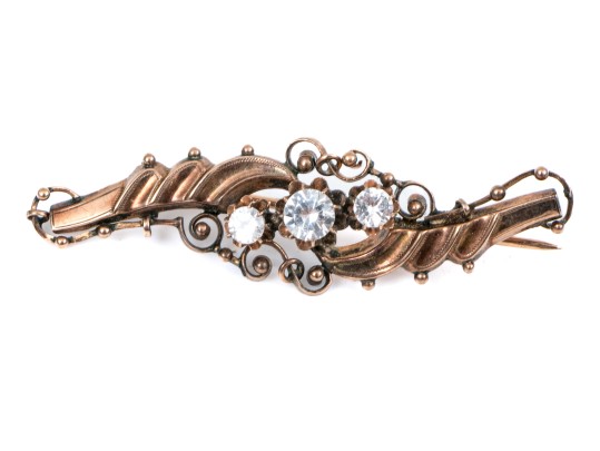 9k Rose Gold Pretty Antique Swirl Bar Brooch, Set With White Topaz Stones