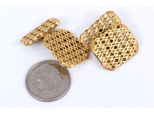 14k Yellow Gold Beautiful Rectangular Lattice Motif Loose Links Style Cufflinks