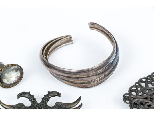Lot Of Assorted Sterling Silver Jewelry Pieces, Including A Cuff Bracelet