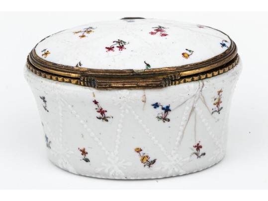 Antique Oval Battersea Box, White With Harlequin And Posey Decoration