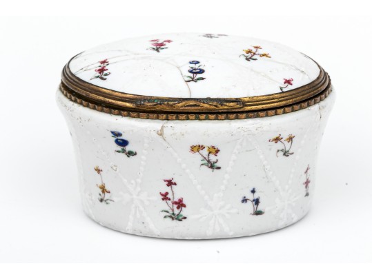 Antique Oval Battersea Box, White With Harlequin And Posey Decoration