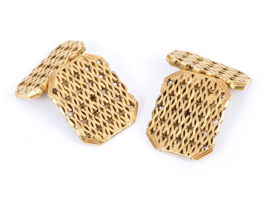 14k Yellow Gold Beautiful Rectangular Lattice Motif Loose Links Style Cufflinks