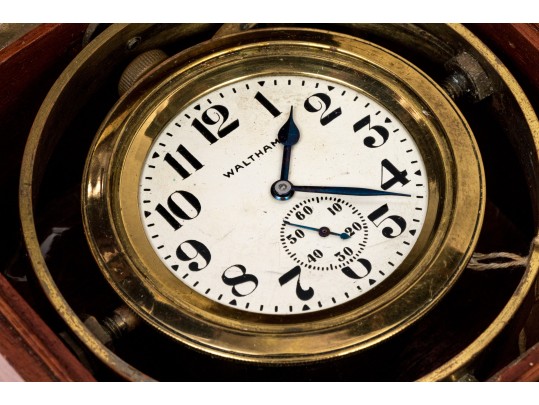 Antique Waltham Nautical Chronometer In Wooden Case
