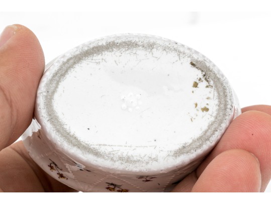 Antique Oval Battersea Box, White With Harlequin And Posey Decoration