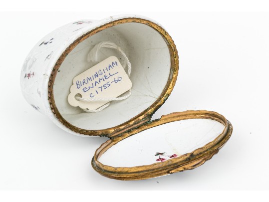 Antique Oval Battersea Box, White With Harlequin And Posey Decoration