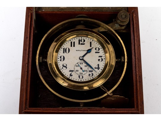 Antique Waltham Nautical Chronometer In Wooden Case
