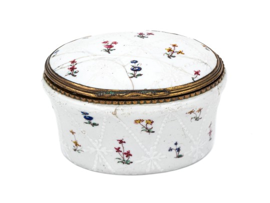 Antique Oval Battersea Box, White With Harlequin And Posey Decoration