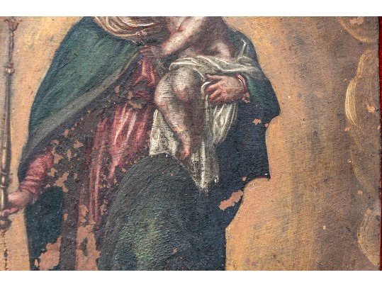 Antique Paint On Copper Plate, Madonna And Child