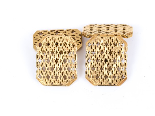 14k Yellow Gold Beautiful Rectangular Lattice Motif Loose Links Style Cufflinks