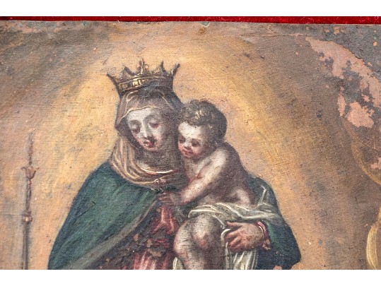 Antique Paint On Copper Plate, Madonna And Child