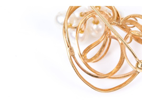 18k Yellow Gold Lovely Vintage Cultured Pearl Cluster And Open Spray Style Brooch