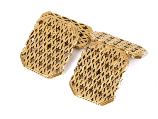 14k Yellow Gold Beautiful Rectangular Lattice Motif Loose Links Style Cufflinks