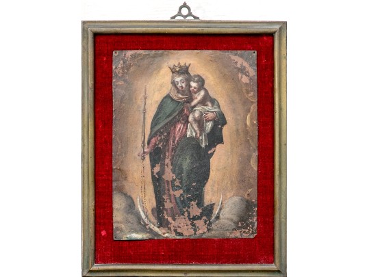 Antique Paint On Copper Plate, Madonna And Child
