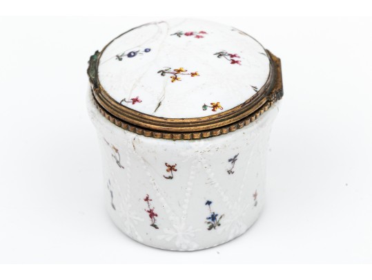 Antique Oval Battersea Box, White With Harlequin And Posey Decoration