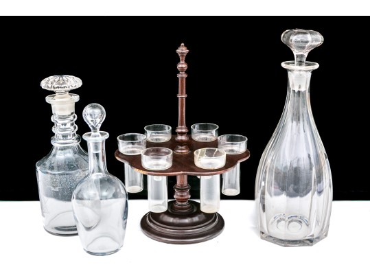 Collection Of Three Decanters, Including A Baccarat, With An Epergne Stand With Six Glasses