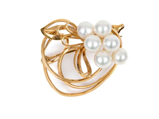 18k Yellow Gold Lovely Vintage Cultured Pearl Cluster And Open Spray Style Brooch