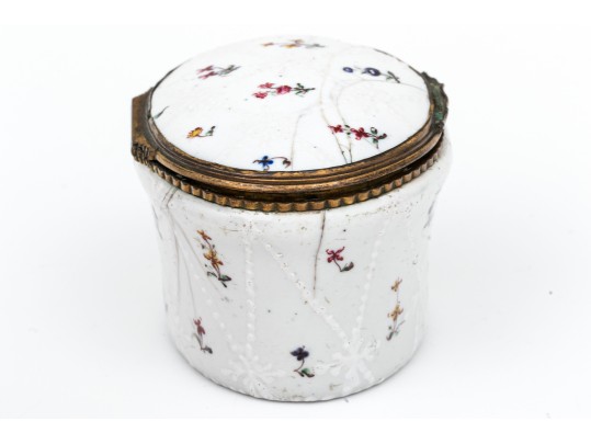 Antique Oval Battersea Box, White With Harlequin And Posey Decoration