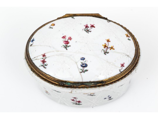 Antique Oval Battersea Box, White With Harlequin And Posey Decoration