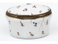 Antique Oval Battersea Box, White With Harlequin And Posey Decoration