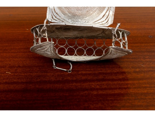 Ornate Minaudiere Filigree Evening Bag, Silver-Plated Copper