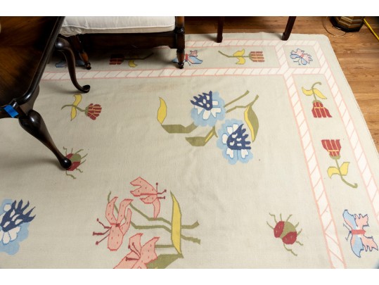 Pretty Pictorial Floral Wool Dhurie Flatweave Rug (13'8