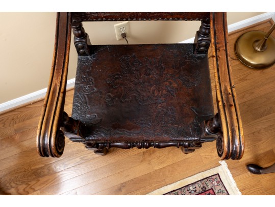 Gorgeous Jacobean-era Tooled Leather Back & Seat Chair