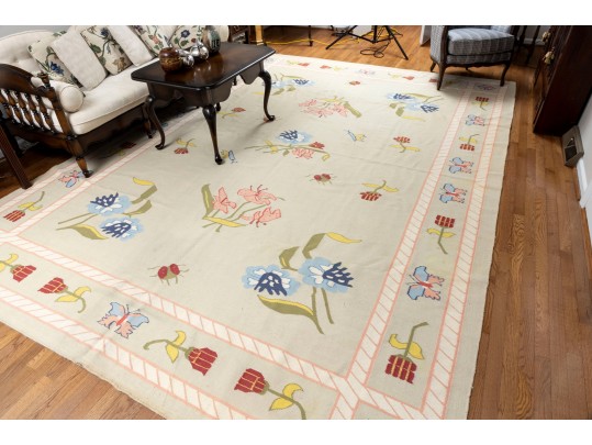 Pretty Pictorial Floral Wool Dhurie Flatweave Rug (13'8