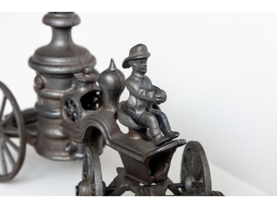 1800’s Rare Matching Pair Of Cast-Iron Toy Horse-drawn Ladder Fire Wagon & Water Pumper Wagon