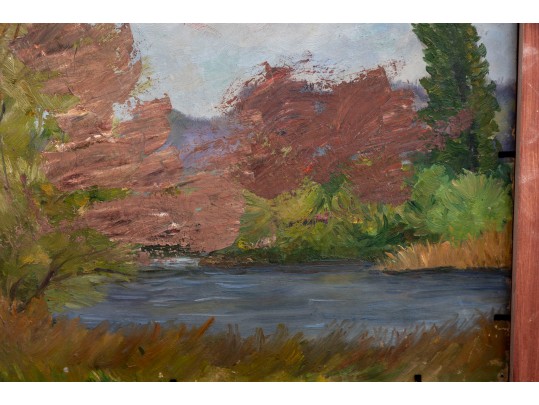 Oil On Wood Board Church Cathedral Painting With Landscape En Verso