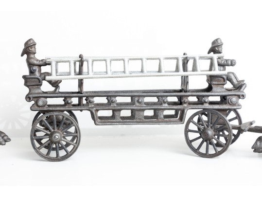 1800’s Rare Matching Pair Of Cast-Iron Toy Horse-drawn Ladder Fire Wagon & Water Pumper Wagon
