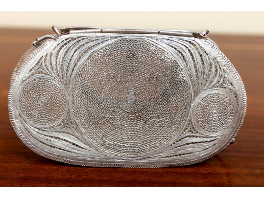 Ornate Minaudiere Filigree Evening Bag, Silver-Plated Copper