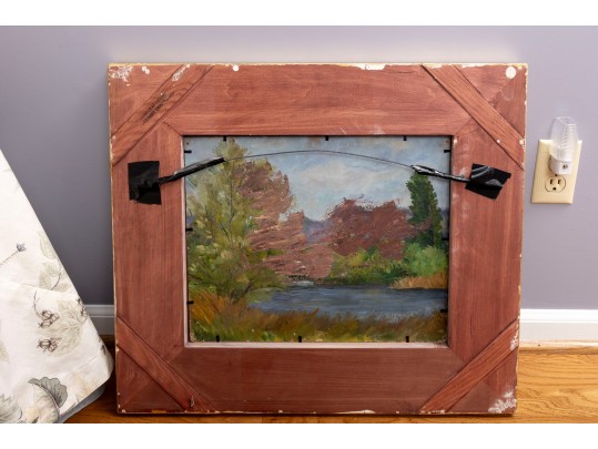 Oil On Wood Board Church Cathedral Painting With Landscape En Verso