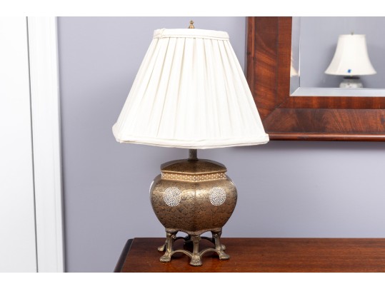 Vintage Asian Brass Table Lamp Decorated With Minute Ornate Detail & White Enamel Designs
