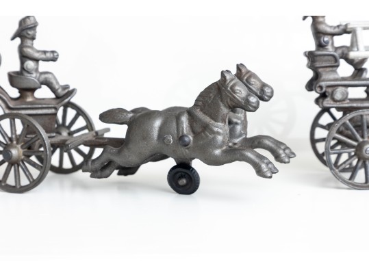 1800’s Rare Matching Pair Of Cast-Iron Toy Horse-drawn Ladder Fire Wagon & Water Pumper Wagon