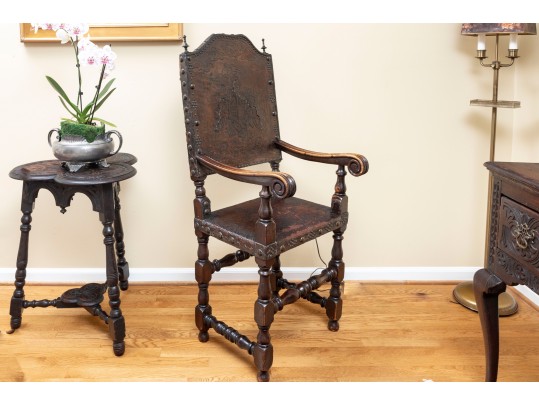 Gorgeous Jacobean-era Tooled Leather Back & Seat Chair