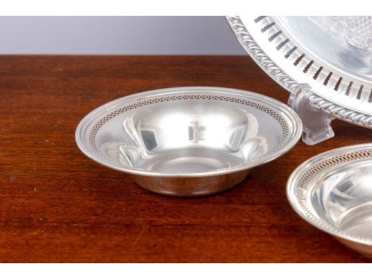 Small Collection Of Three Pierced Sterling Silver Dishes And Silver Plate Platter