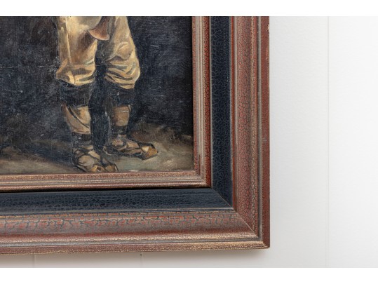 Antique Oil Painting On Wood Board – Scottish Figure With Bagpipes