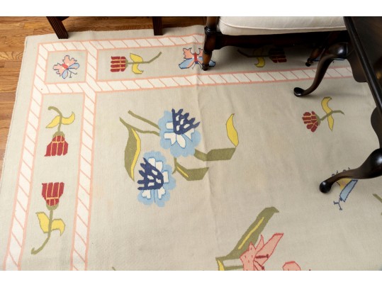Pretty Pictorial Floral Wool Dhurie Flatweave Rug (13'8